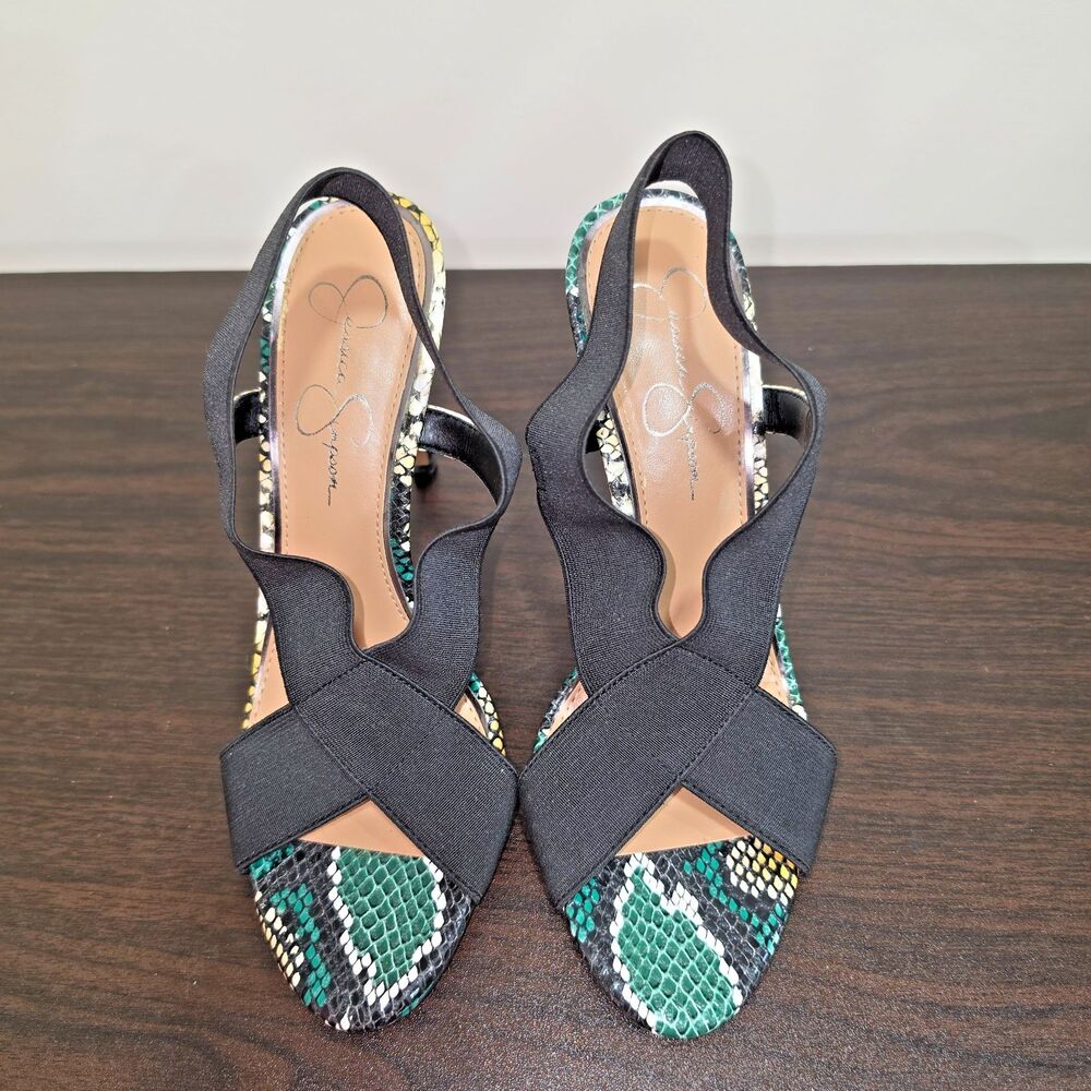 Jessica Simpson Jordiya Heels 8.5M Black Green Snake Print Stiletto Sandals